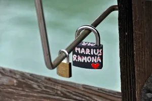 Venice, Veneto, Italy, Europe, A love lock with name and heart motif