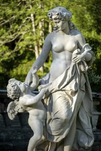 Venus and Cupid, decorative female statue with putti