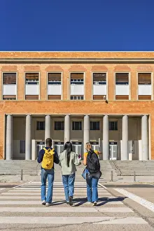 Vertical photo full length with copy space of three multi-ethnic students walking on pedestrian crossing to