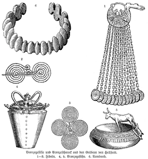 Vessels and jewellery from graves of the Hallstatt cemetery, hanging brooch (1), brooches or buckles (2 and 3), bronze vessels with ornamentation (4 and 5), bracelet (6), bronze ore, archaeology of the Early Stone Age or Hallstatt culture