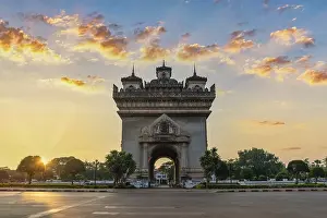 Vientiane Laos, sunrise city skyline at Patuxai (Patuxay) the most famous landmark in Vientiane