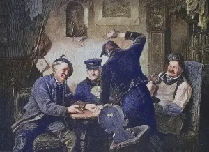 Vier Schafkopfspieler in einem Dorfwirtshaus