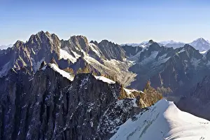 View from the Aiguille du Midi mountain station observation deck of the mountains Aiguille Vert