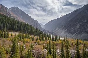 View of the Ala Archa valley, autumnal mountain landscape