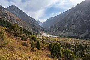 View of the Ala Archa valley, autumnal mountain landscape with Ak Say mountain stream