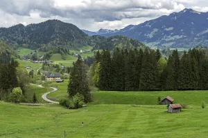 View from the Alpe Dornach to Tiefenbach and the Allgaeu Alps