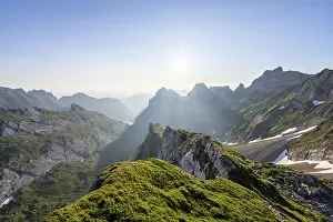 Framed Print : View over Alpstein Mountains into the Meglisalp Valley at sunrise