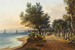View between Arbon, Canton Thurgau, Switzerland and the municipality of Horn to Roschach at the harbour of Lake Constance, view around 1830, digitally restored reproduction of a 19th century model by Johann Ludwig Bleuler (12.02.1792 - 28.03.1850)