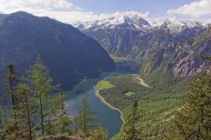 View from the Archenkanzel of the Konigssee with the pilgrimage chapel of St