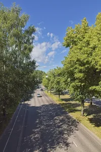 View of empty asphalt Makelankatu street on a sunny summer day