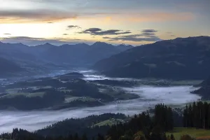 View from the Astbergsee lake into the Lenkental valley towards Kitzbuhel