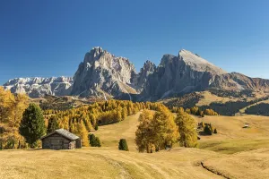 View over the autumnal Alpe di Sassolungo and Plattkofel