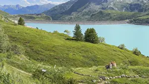 View of barrage dam with 1400 metre crest length in the eastern part southeast of Lac du Mont Cenis