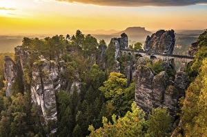 Category Mountain Landscapes Prints: View of Bastei bridge, Bastei at sunrise