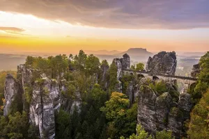 View of Bastei bridge, Bastei at sunrise