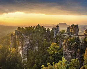 View of Bastei bridge, Bastei at sunrise