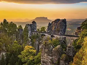 View of Bastei bridge, Bastei at sunrise