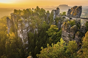 View of Bastei bridge, Bastei at sunrise