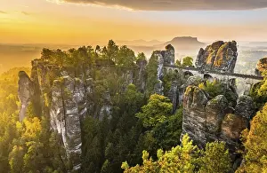 View of Bastei bridge, Bastei at sunrise