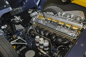 View under bonnet of historic classic racing car sports car classic car Jaguar E-Type Series 1 Roadster with engine