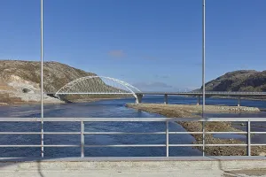 View of bridge on the E105 road at Elvenes in sunny spring weather