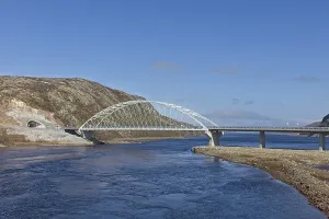 View of bridge on the E105 road at Elvenes in sunny spring weather