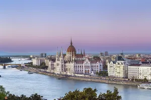 View of Budapest with Hungarian Parliament Building from Fisherman Bastion at sunset