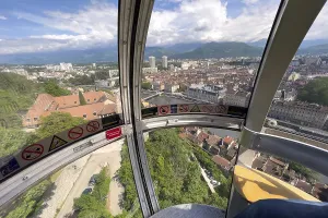 Framed Print : View from cable car cabin of Grenoble with river and city center
