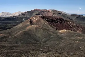 View from the Caldera Blanca volcano on the volcanic landscape of the Timanfaya National Park
