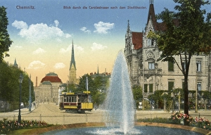 View through Carolastrasse and tramway to the municipal theatre, 1912, Chemnitz, Saxony, Germany, digitally enhanced reproduction from a historical original, c. 1900, public domain, Europe