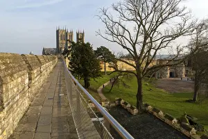 View to cathedral inside castle grounds from medieval wall walk