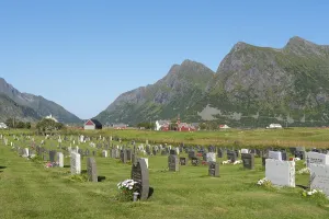 View over the cemetery to Flakstad church