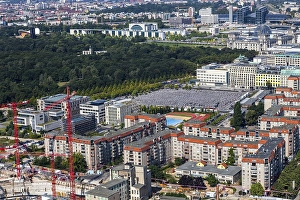 Top view of the centre of Berlin and the 2711 steles of the Holocaust Memorial