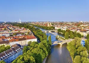 View of the city, Corneliusbruecke and Reichenbachbruecke over the Isar