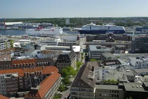 View over the city of Kiel towards the inner fjord with the ferries of the Stena Line for Swedish connections