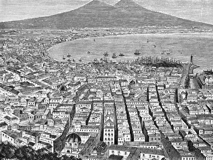 View of the city of Naples, the Gulf of Naples and Mount Vesuvius, view from above, houses, streets, ground plan, Mediterranean Sea, geography, historical illustration 1888