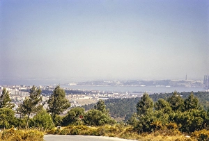 View over city and River Tagus estuary and river mouth, Lisbon, Portugal, Europe 1965, Europe