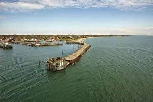 View from the departing ship over the Rostock harbor in Warnemuende