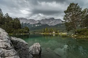 View of Eibsee lake in front of Zugspitze massif with Zugspitze