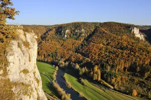 View towards Eichfelsen Rocks over the Upper Danube Valley with autumn vegetation