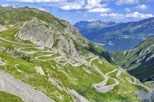 View from elevated position on old southern pass road Tremola south ramp with serpentines tight curves hairpin bends