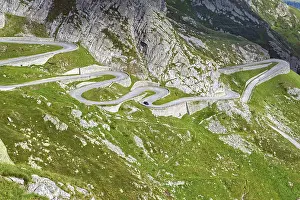 View from elevated position on partial view of old southern pass road Tremola south ramp with serpentines tight curves