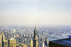 View from Empire State Building over Chrysler Building to East River, Roosevelt Island, Queensboro Bridge, Manhattan, New York, NY State, USA c 1953