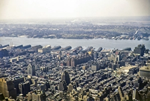 View from the Empire State Building over Manhattan and the Hudson River to Jersey City, New York, NY State, USA around 1953
