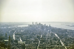 View from the Empire State Building to the skyscraper of Lower Manhattan, New York, NY State, USA around 1953