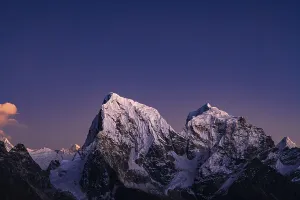 View in the evening light from Renjo La Pass 5417 m to the east to Cholatse