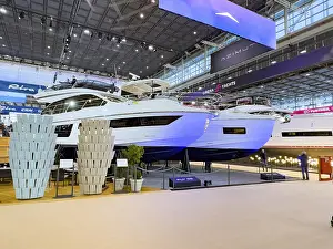 View of exhibition stand with luxury yacht superyacht ship boat in front Azimut Fly 53 behind Azimut Fly 62