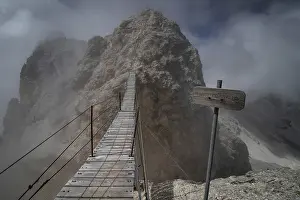 View of the famous suspension bridge in the Italian Dolomites