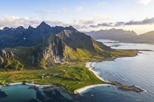 Category Mountain Landscapes Prints: View of Flakstad and the beach of Skagsanden