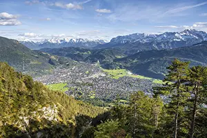 View over Garmisch-Partenkirchen with ski jump and Wetterstein Mountains